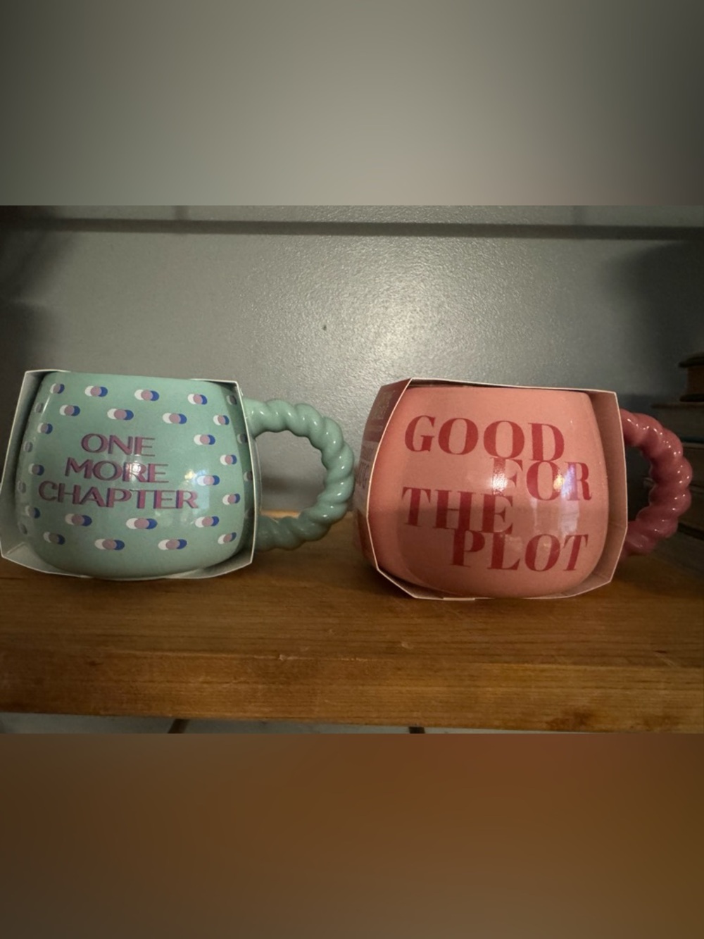 Mint Green and Pink Ceramic Book-Lover Mugs with Twisted Handles